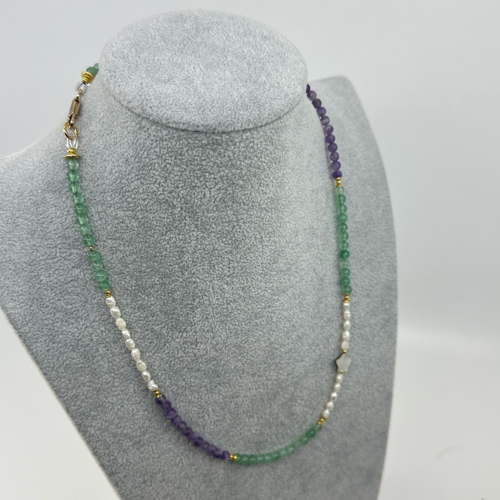 New 2 Mm Multi-Gemstone Necklace Aventurine, Amethyst & Rice Pearls | 19.5